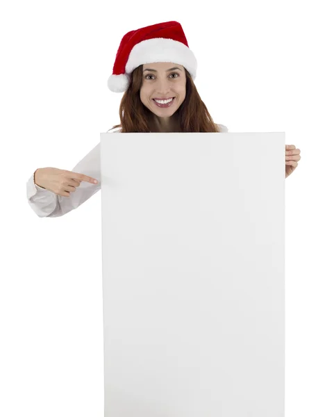 Christmas business woman pointing to copy space — Stock Photo, Image