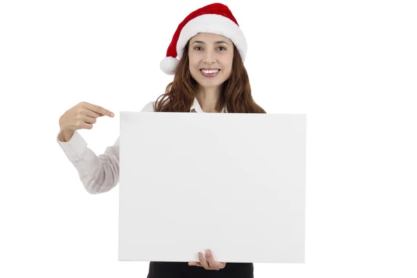 空白の広告ボードを提示クリスマス ビジネス女性 — ストック写真