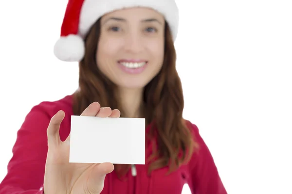 Santa woman with a sign card — Stock Photo, Image