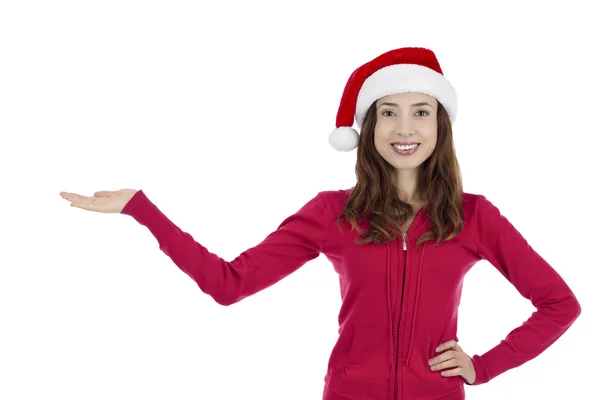 Santa mujer mostrando espacio de copia para el producto — Foto de Stock