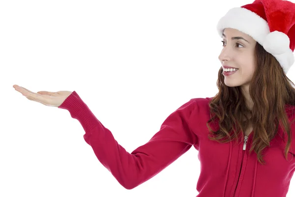 Christmas woman looking to copy space product space — Stock Photo, Image