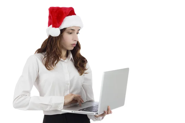 Christmas business woman working on laptop — Stock Photo, Image