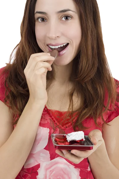 Valentines day woman eating heart shaped chocolates — Stock Photo, Image