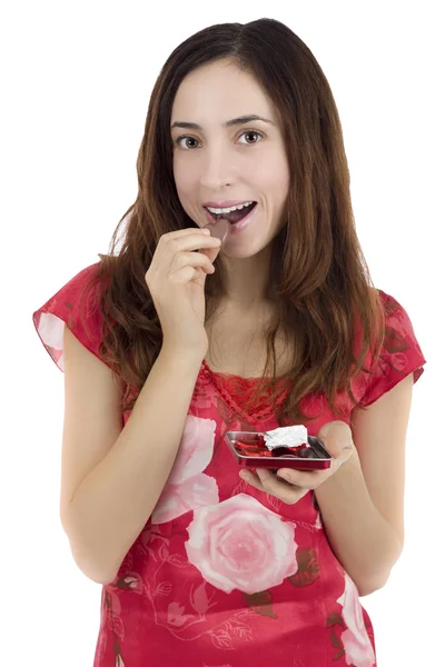 Woman eating chocolate — Stock Photo, Image