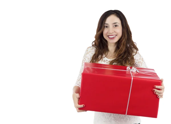 Ευτυχισμένος ψώνια γυναίκα που κρατά μια συσκευασία δώρου — Φωτογραφία Αρχείου