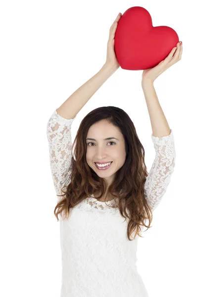 San Valentín mujer levantando un corazón rojo — Foto de Stock