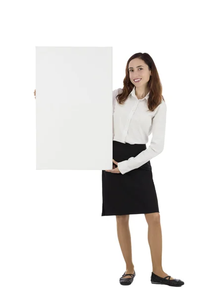 Business woman showing blank advertisement board — Stock Photo, Image