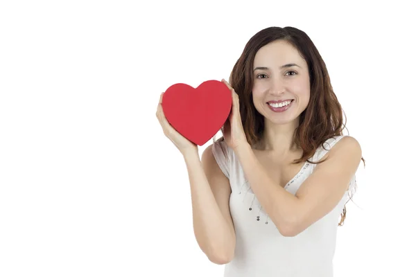 Valentines day woman holding a heart and smiling — Stock Photo, Image