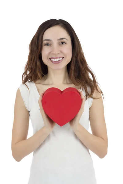 Sorrindo mulher do amor mostrando coração — Fotografia de Stock