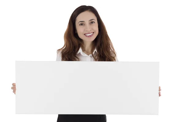 Business woman presenting a blank advertisement poster Stock Image