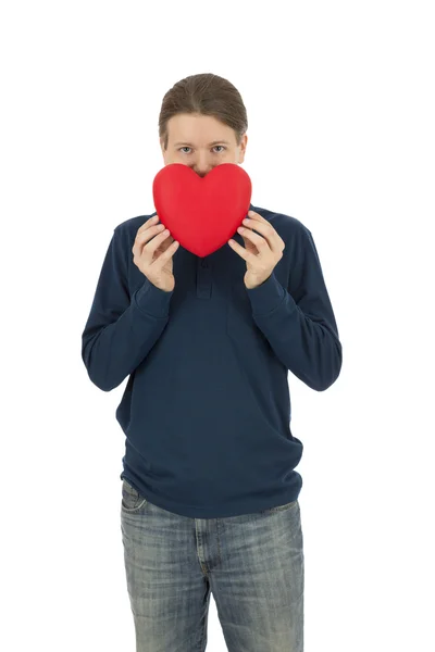 Valentines day man behind a red heart — Stock Photo, Image