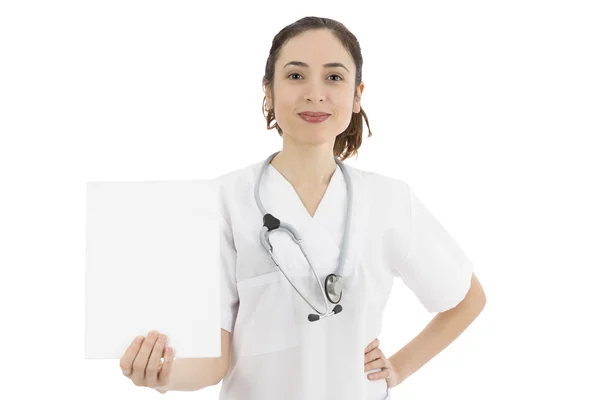 Friendly female doctor showing a blank copy space — Stock Photo, Image