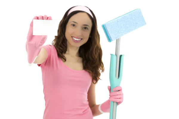春天的清洁女工显示空白标志卡 — 图库照片