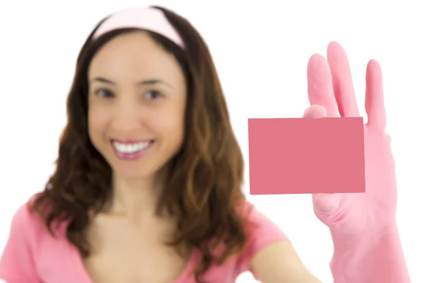 Mulher de limpeza com um cartão de sinal — Fotografia de Stock