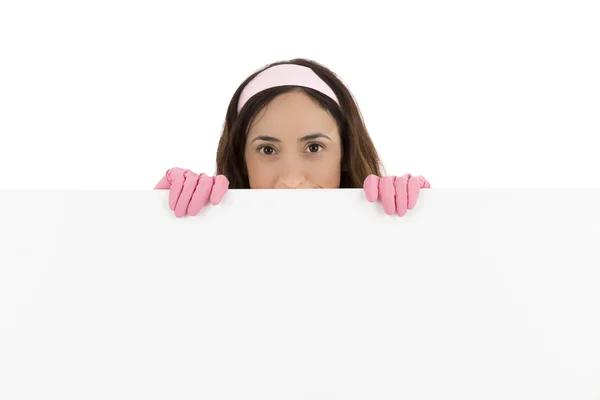 広告ボードの背後にあるクリーニング女性 — ストック写真