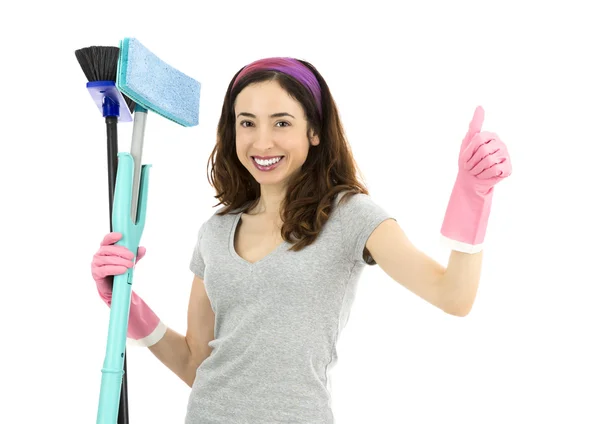 Amistosa señora de limpieza dando pulgares hacia arriba —  Fotos de Stock