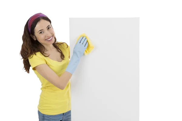 Spring cleaning woman wiping a blank advertising board — Stock Photo, Image