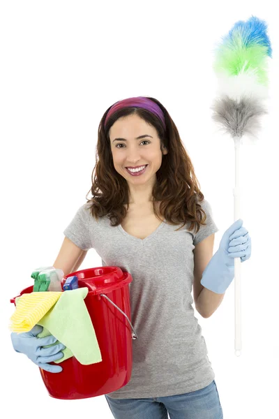 Mulher de limpeza de pé com ferramentas de limpeza — Fotografia de Stock
