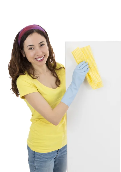 Pulizia signora con un cartellone bianco — Foto Stock