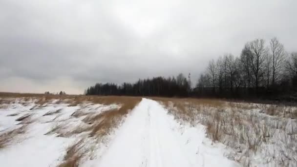 Jazda Samochodem Pięknej Zimowej Drodze Suv Toruje Sobie Drogę Zaśnieżonym — Wideo stockowe