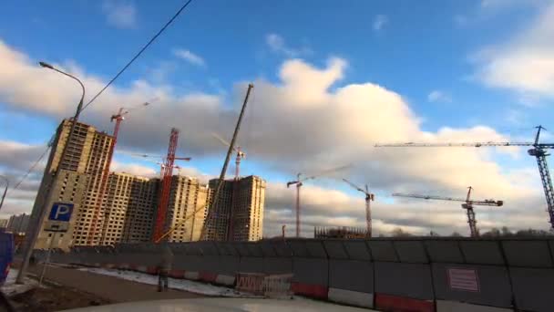 Timelapse Work Tower Cranes Building Large Office Building Background Fast — Stock Video