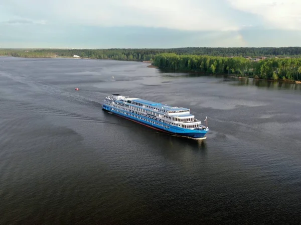 Aerial View Passenger Cruise Ship Sails River Sunset Beautiful Panorama Royalty Free Stock Images