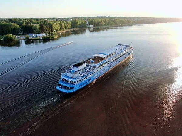 Aerial View Cruise Ship Sails River Surrounded Beautiful Green Forest Stock Photo