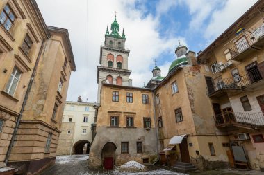 15.01.2021 Lviv, Ukrayna. Kornyakta Kulesi Lviv 'de ulusal öneme sahip bir mimari anıttır (Pidvalna Caddesi, 9).