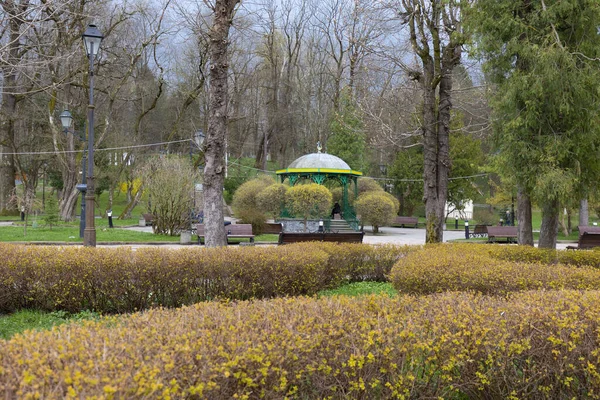 20 Nisan 2021 Truskavets Ukrayna 'da bir balneoloji tesisidir. Truskavets tatil köyü parkında müzik pavyonu. Balneoloji merkezi Truskavets şehri, Lviv bölgesi, Ukrayna.