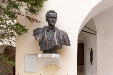 Mukachevo kasabası, Ukrayna 'daki Palanok Kalesi' nin havadan görünüşü. Palanok Şatosu veya Mukachevo Şatosu, Ukrayna 'nın batısındaki Mukacheve şehrinde bulunan tarihi bir kaledir.