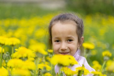 Beş yaşında bir kızın portresi, bahar parkında sarı çiçekli bir arka planda. Mutlu bir çocukluk, çocuk eğlencesi, sokaktaki çocuklar. Mutlu çocukluk kavramı.