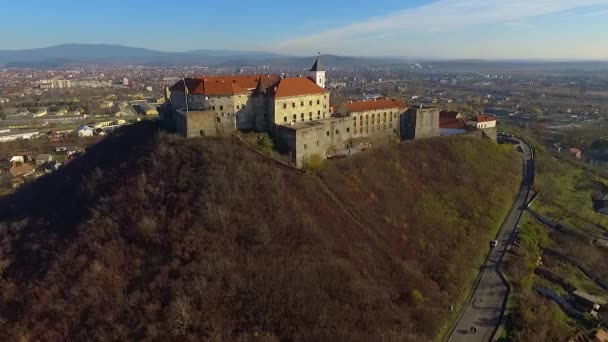 Mukachevo Kasabası Ukrayna Daki Palanok Kalesi Nin Havadan Görünüşü Palanok — Stok video