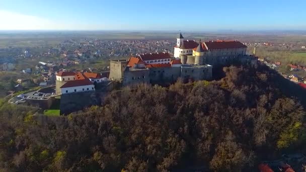 Luchtfoto Van Palanok Kasteel Mukachevo Stad Oekraïne Het Palanok Kasteel — Stockvideo