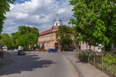 25 Mayıs 2021 Berehove şehri, Transcarpathia, Ukrayna. Ukrayna bayrağı ve arması Ukrayna 'nın Beregovo kentindeki Tomasz Ese Caddesi' ndeki bir evde..