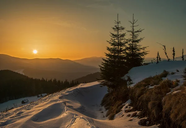 Zachód Słońca Zimowych Karpatach Dysk Słoneczny Długie Promienie Zachodzie Słońca — Zdjęcie stockowe