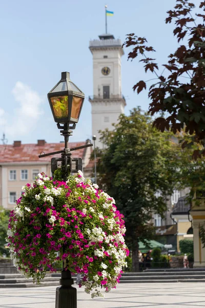 Julio 2021 Lviv Ciudad Ucrania Svobody Prospekt Lviv Faroles Flores — Foto de Stock