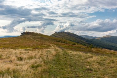 Verkhovyna Watershed Range, Pikui Dağı. Pikuy Dağı 'nda çimenli yamaçları ve kayaları olan Karpat dağları. Yazın güzel dağ manzarası