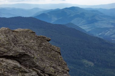 Verkhovyna Watershed Range, Pikui Dağı. Pikuy Dağı 'nda çimenli yamaçları ve kayaları olan Karpat dağları. Yazın güzel dağ manzarası. Dağ yaz manzarası. fotoğraf duvar kağıdı.