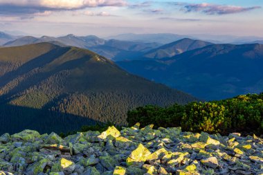 Gorgany bölgesinin kayalık çıkıntılarıyla Karpat Dağları 'nda büyülü yaz günbatımı. Dağlarda, dağın kayalık yüzeyinde gün batımını canlandırın. Canlı bir duvar kağıdı.