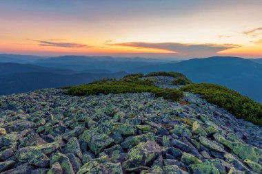 Gorgany bölgesinin kayalık çıkıntılarıyla Karpat Dağları 'nda büyülü yaz günbatımı. Dağlarda, dağın kayalık yüzeyinde gün batımını canlandırın. Canlı bir duvar kağıdı.