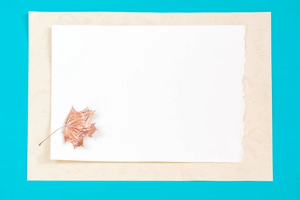 Hintergrund Mit Goldenem Ahornblatt Auf Weißem Papier Stockbild