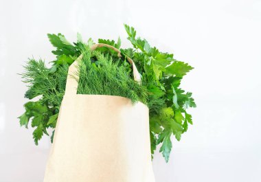 Kese kağıdındaki taze bitkiler hafif arka planda, yatay formatta