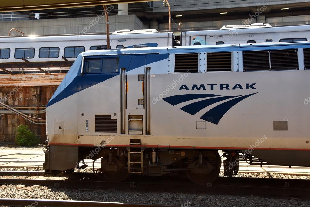 Washington, DC - April 17, 2016:  Amtrak diesel locomotive on a side track at Union Station
