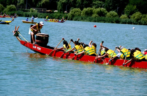 Queens, NYC: Drummer and Rowers on Dragon Boat — Stock Photo, Image