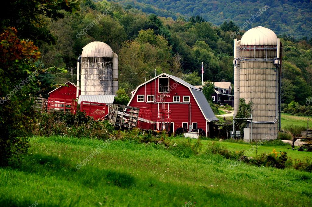 West Arlington, VT Barn with Two Silos Stock Editorial Photo