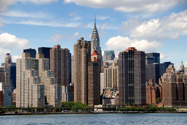 NYC: The dazzling skyline of Manhattan with its skyscrapers and corporate office towers seen from the Hudson River