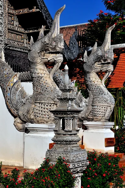 Chiang mai, thailand: nagas op wat chedi luang — Stockfoto