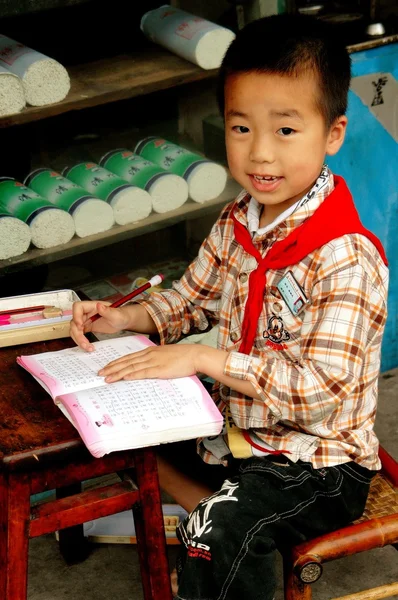 Pengzhou, China: Little Boy Doing Homework — Stock fotografie