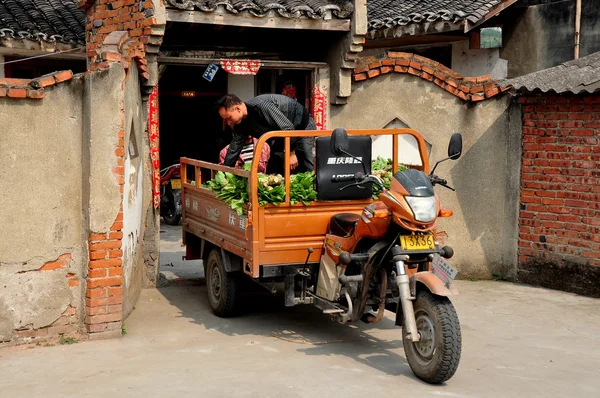 Pengzhou, Çin: Çiftçi ile motosiklet sepeti — Stok fotoğraf