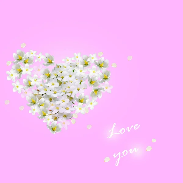 Wedding Invitation Thank You Card White Apple Blossom Heart Flying — Stock Photo, Image